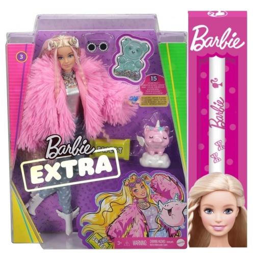 Barbie Extra Doll In Pink Fluffy Coat With Unicorn Pig Toy